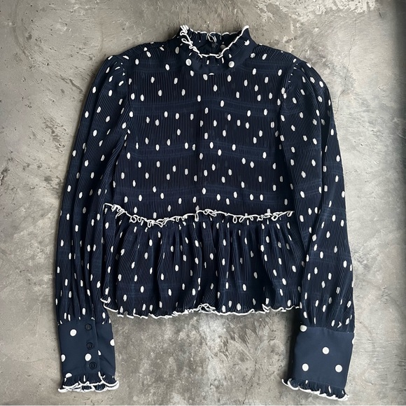 GANNI Navy Polka Dot Ruffle Blouse SIze 36 - Picture 3 of 8
